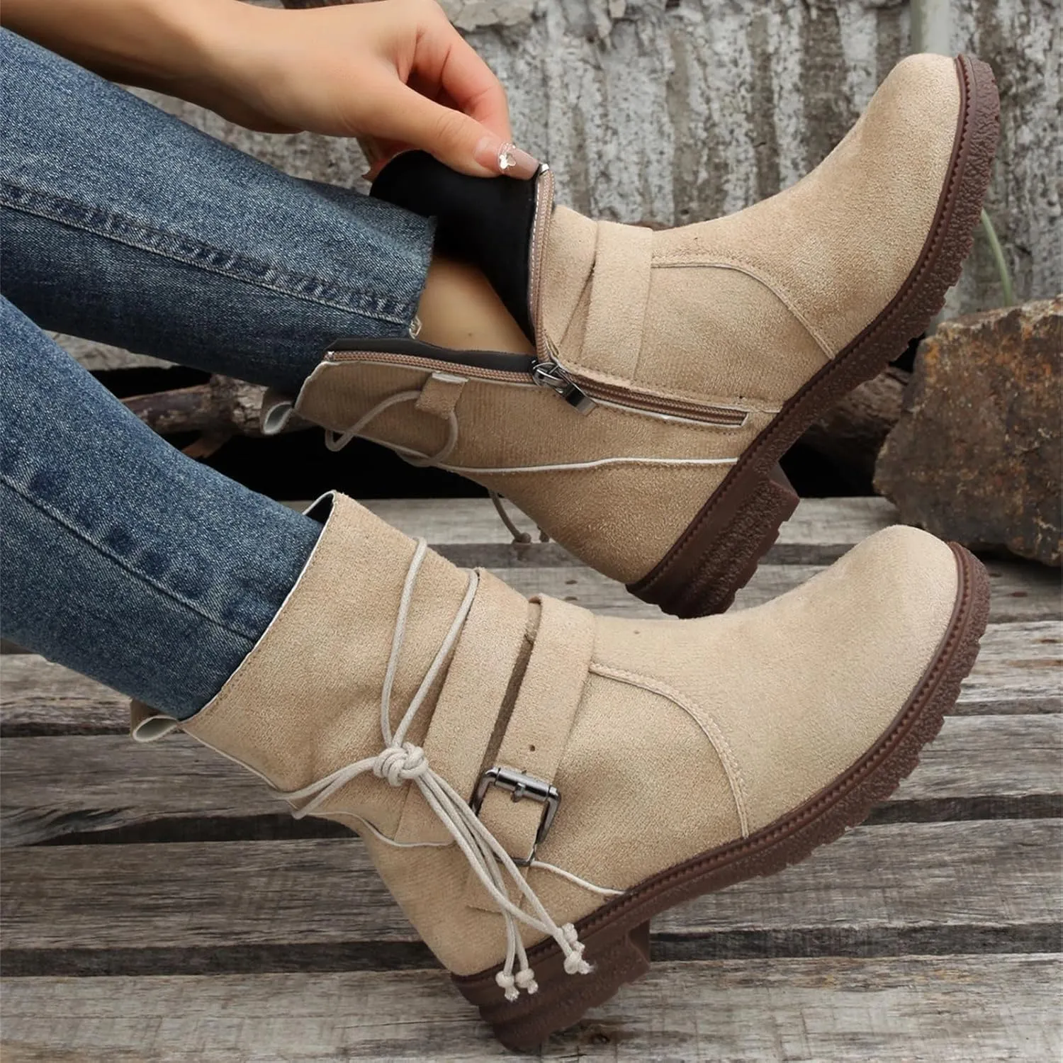 Cowgirl Boots Wide Calf Women's Combat boots Mid Calf Low Heel Motorcycle Riding Military Biker Fashion Ankle booties