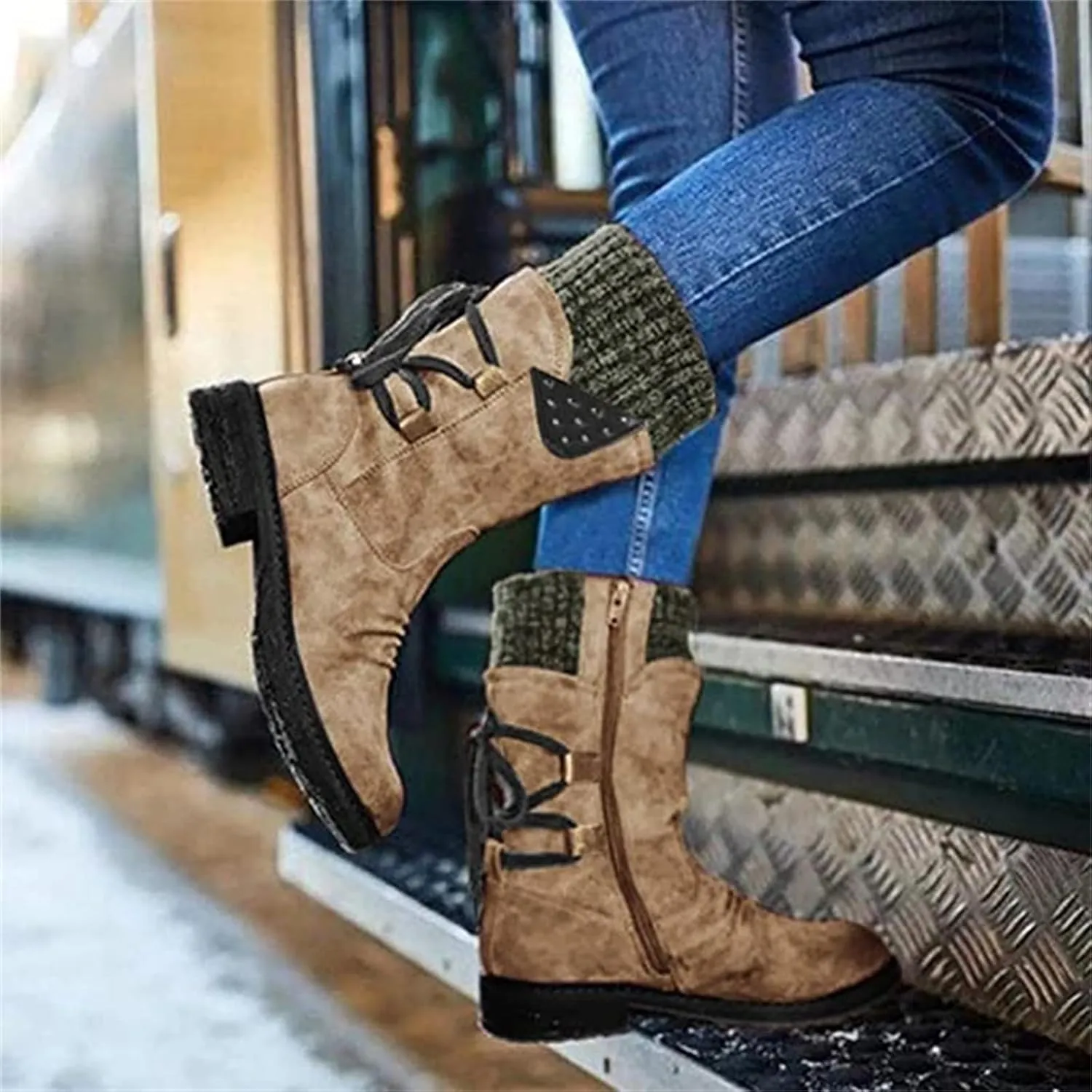 Cowgirl Boots Women Short Heel Mid Calf Riding Winter boots Side Zipper Motorcycle Combat Military Biker Ankle booties