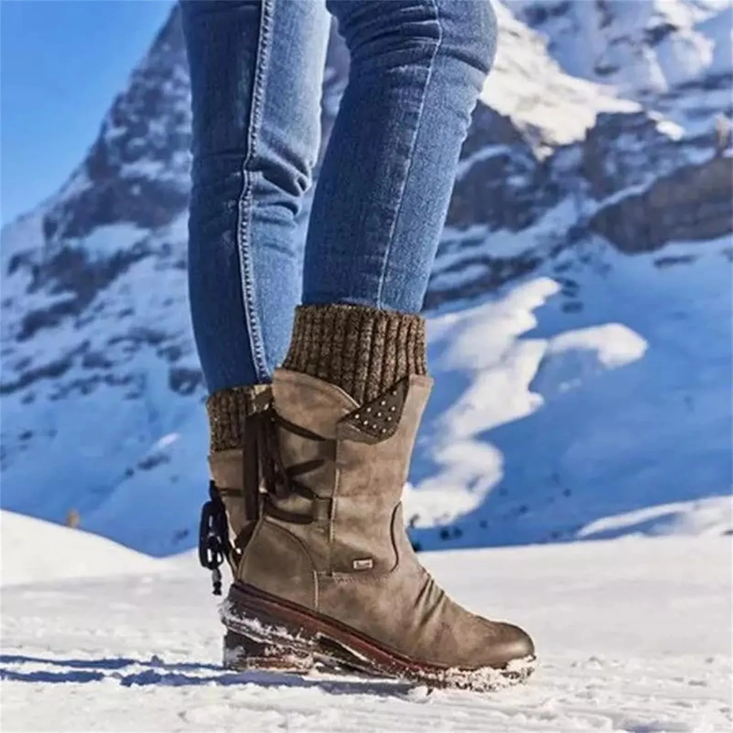 Cowgirl Boots Women Short Heel Mid Calf Riding Winter boots Side Zipper Motorcycle Combat Military Biker Ankle booties