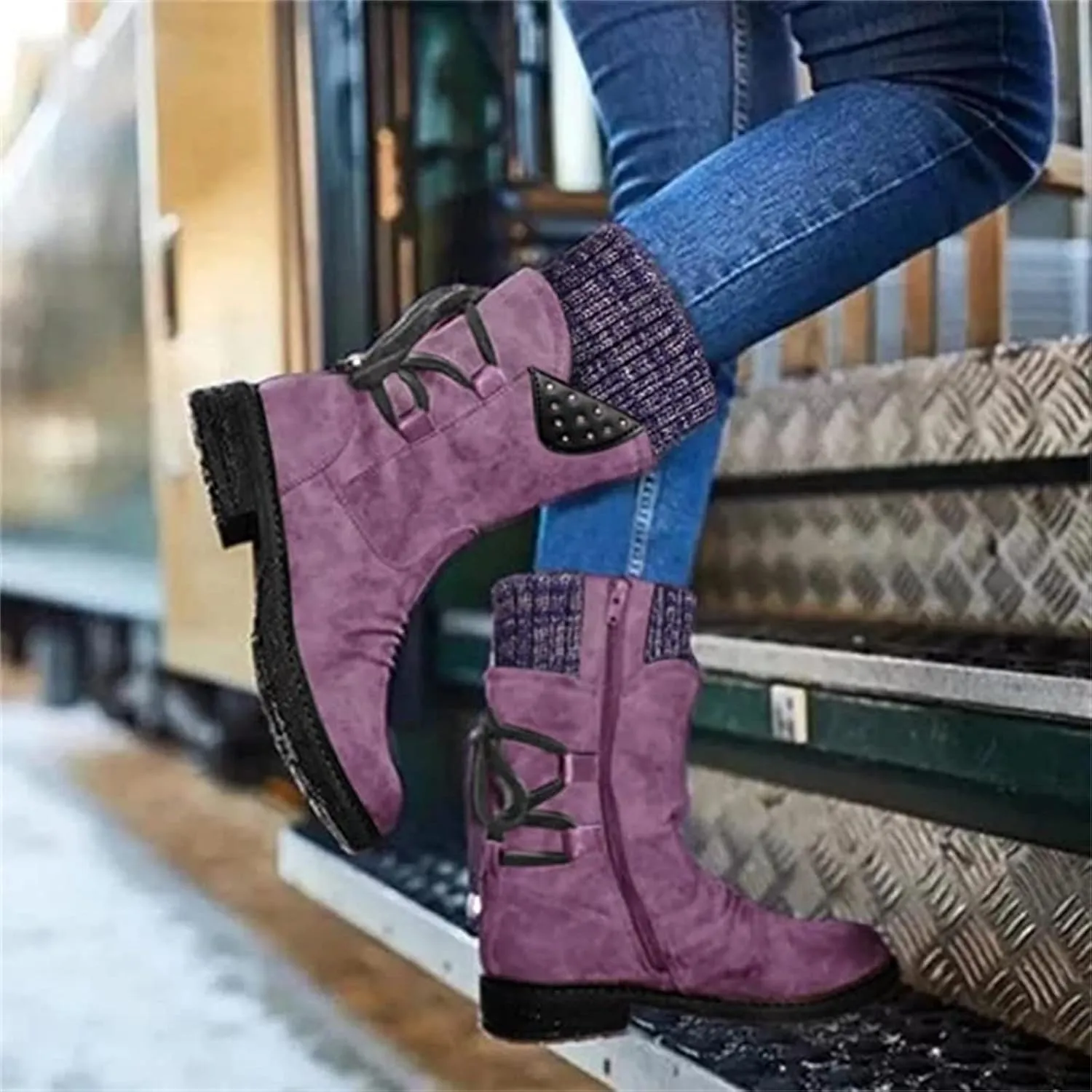 Cowgirl Boots Women Short Heel Mid Calf Riding Winter boots Side Zipper Motorcycle Combat Military Biker Ankle booties