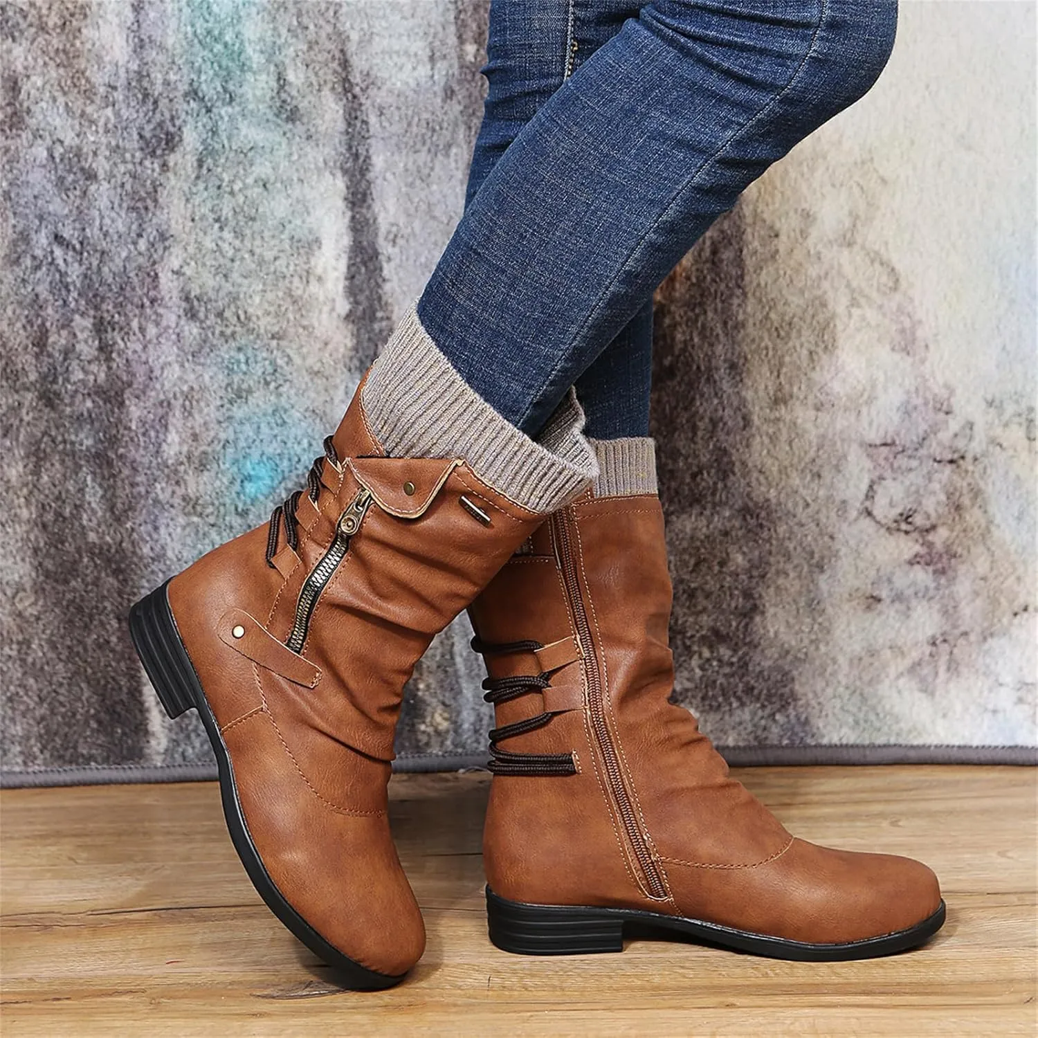 Cowgirl Boots Women Wide Calf Zipper Biker boots Mid Calf Motorcycle Fashion Combat Riding Military Ankle booties 2024