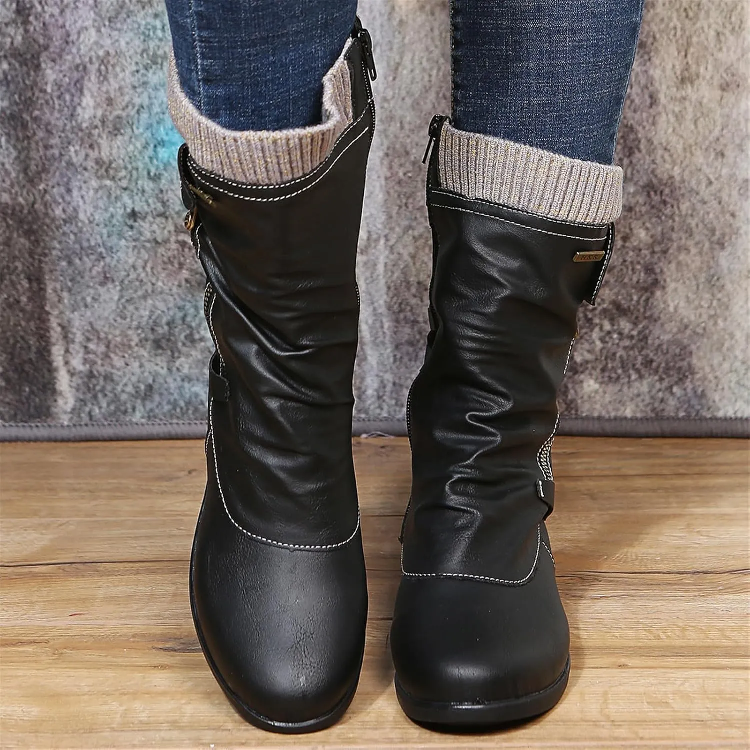 Cowgirl Boots Women Wide Calf Zipper Biker boots Mid Calf Motorcycle Fashion Combat Riding Military Ankle booties 2024
