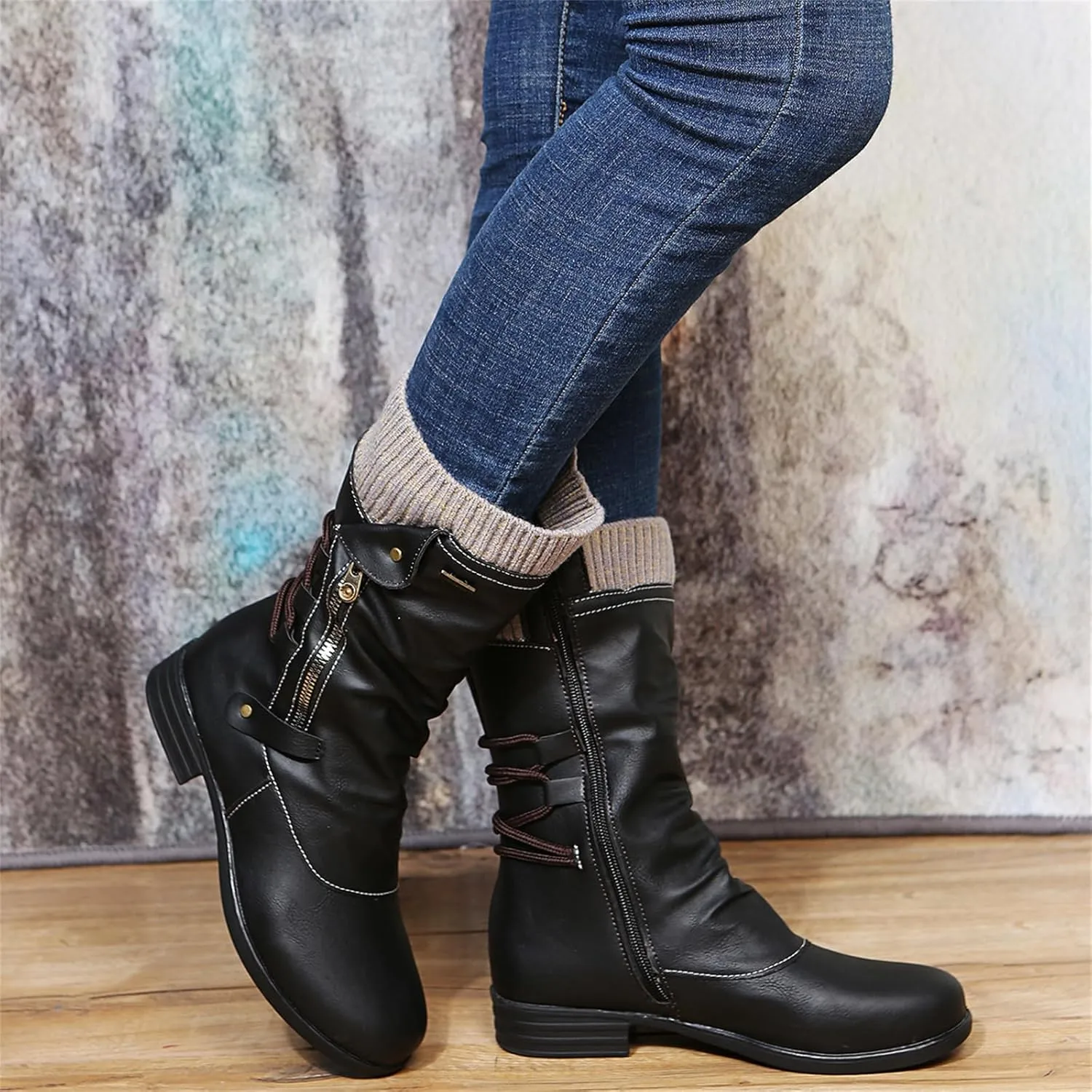 Cowgirl Boots Women Wide Calf Zipper Biker boots Mid Calf Motorcycle Fashion Combat Riding Military Ankle booties 2024