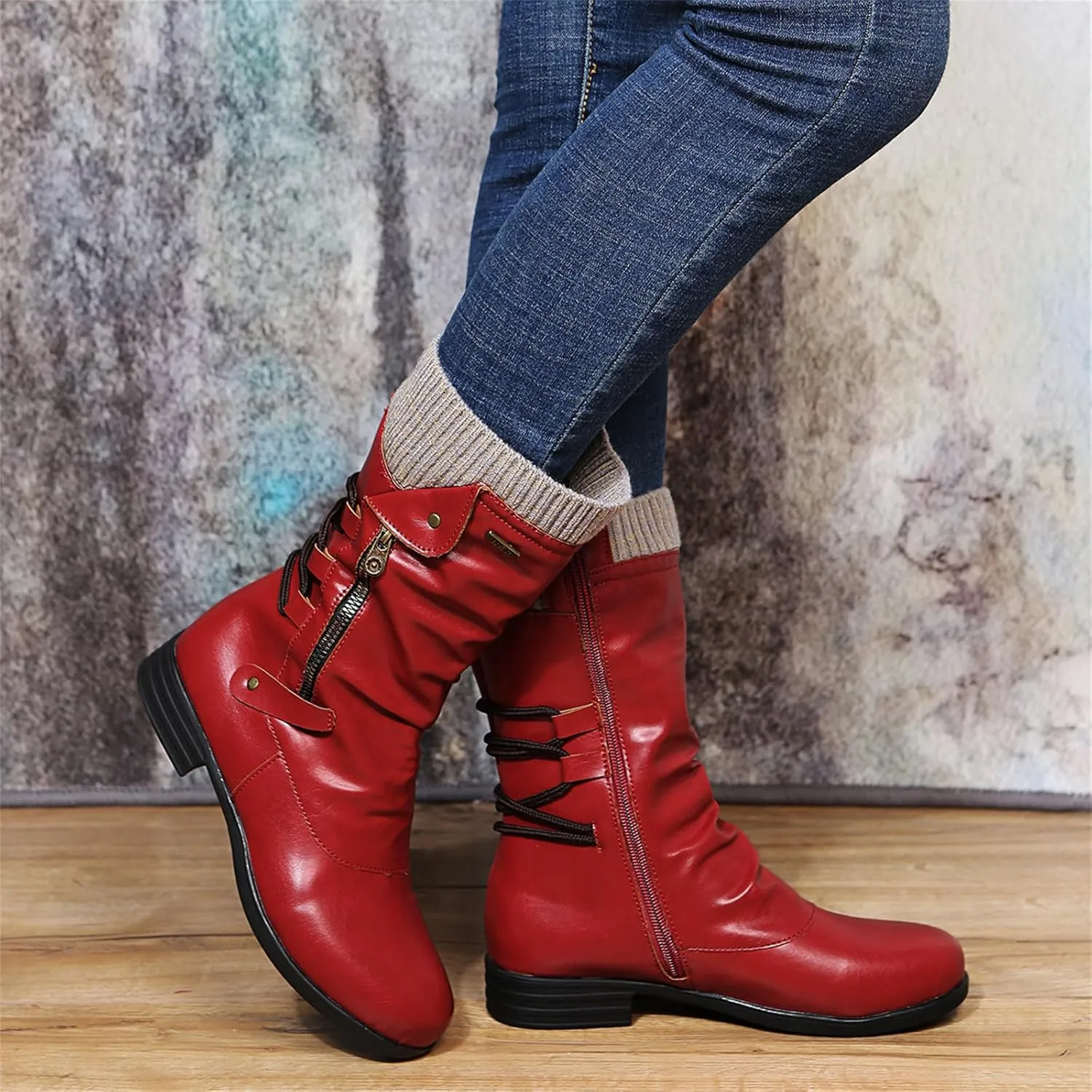 Cowgirl Boots Women Wide Calf Zipper Biker boots Mid Calf Motorcycle Fashion Combat Riding Military Ankle booties 2024