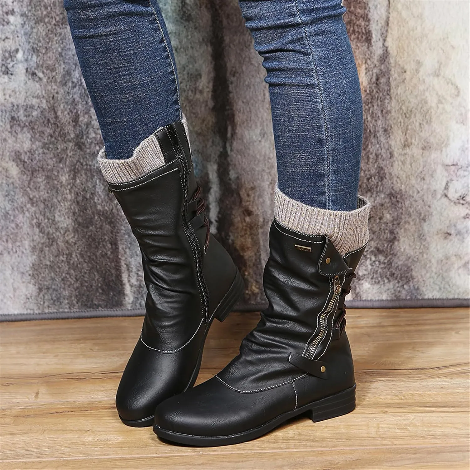 Cowgirl Boots Women Wide Calf Zipper Biker boots Mid Calf Motorcycle Fashion Combat Riding Military Ankle booties 2024