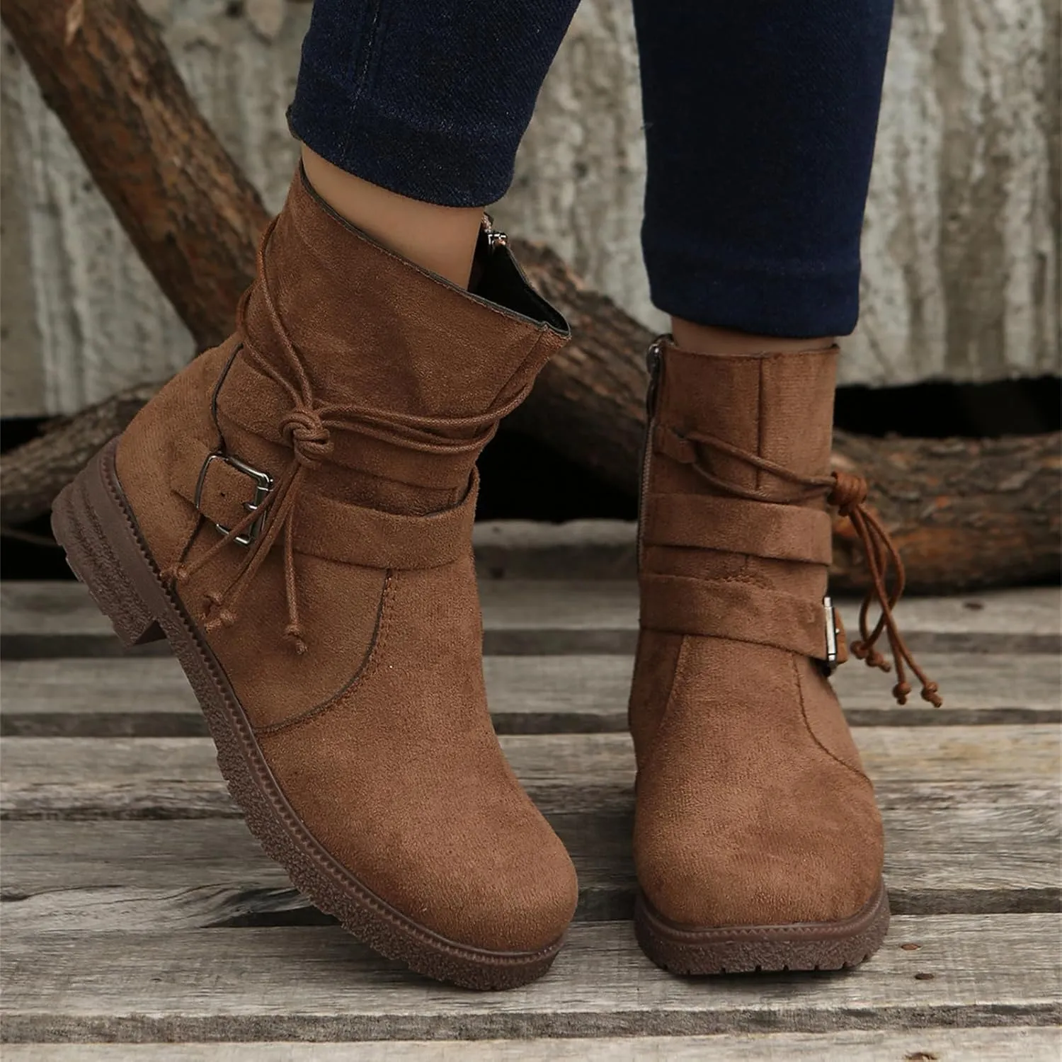 Cowgirl Boots Women Wide Calf Zipper Mid Calf Combat Riding Fashion Winter boots Low Heel Motorcycle Biker Ankle booties