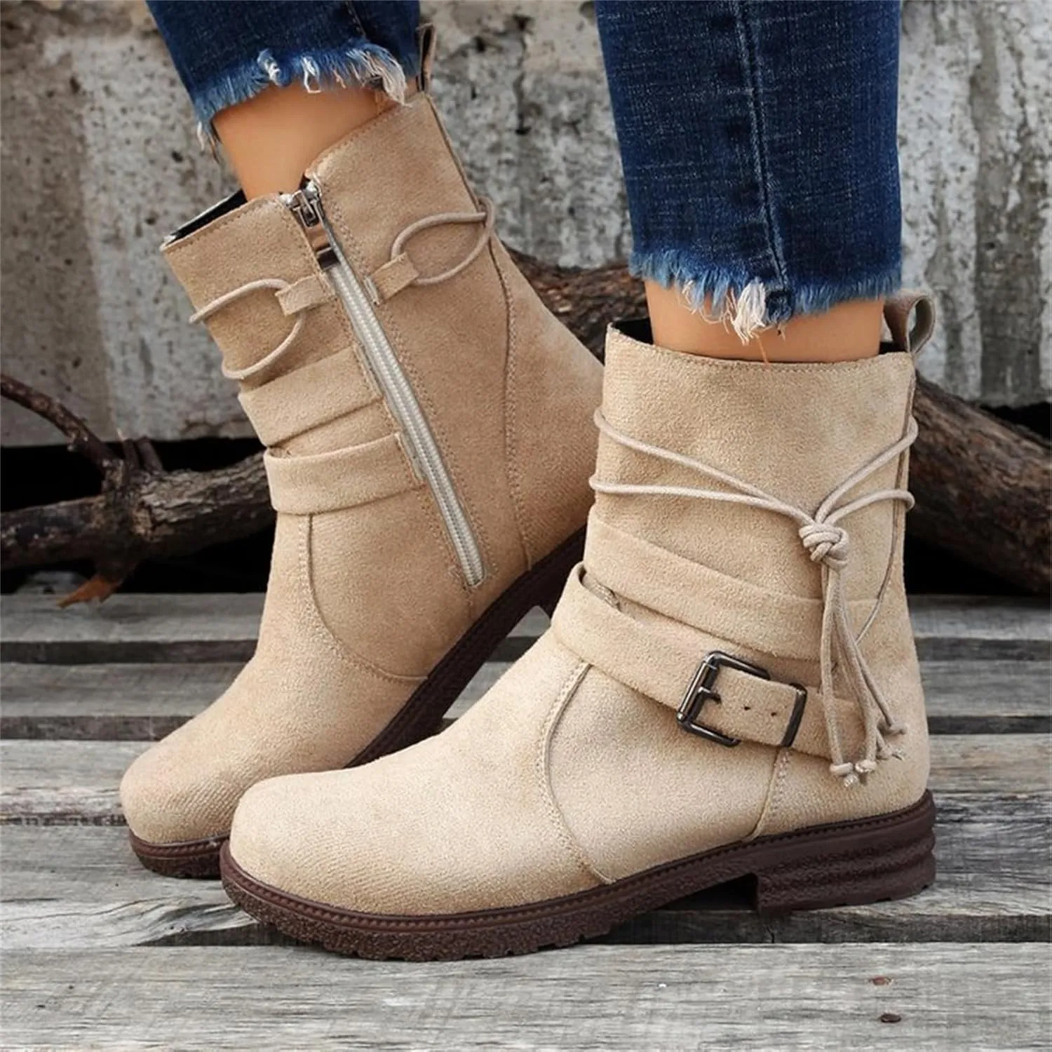 Cowgirl Boots Women Wide Calf Zipper Mid Calf Combat Riding Fashion Winter boots Low Heel Motorcycle Biker Ankle booties