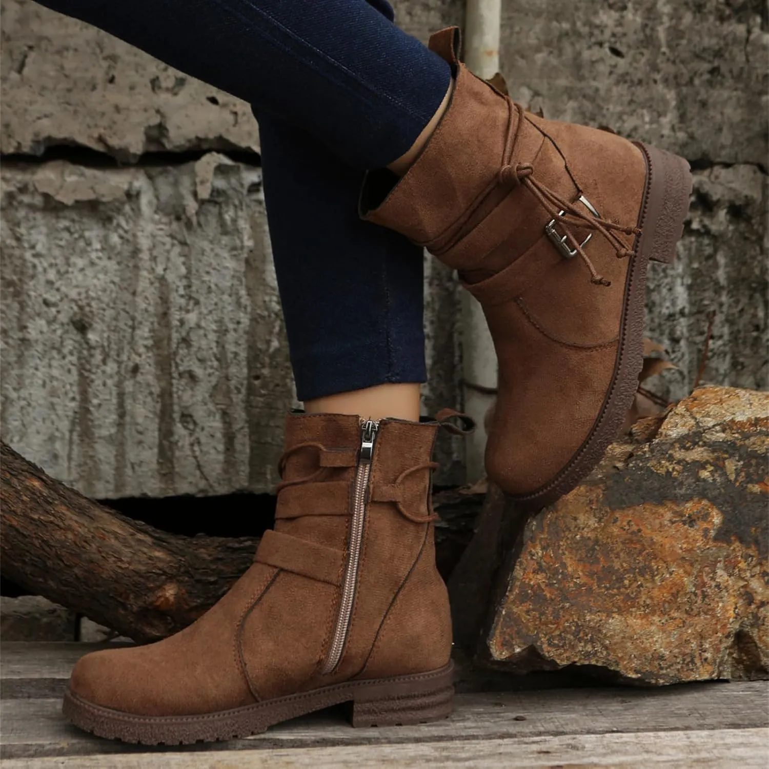 Cowgirl Boots Women Wide Calf Zipper Mid Calf Combat Riding Fashion Winter boots Low Heel Motorcycle Biker Ankle booties
