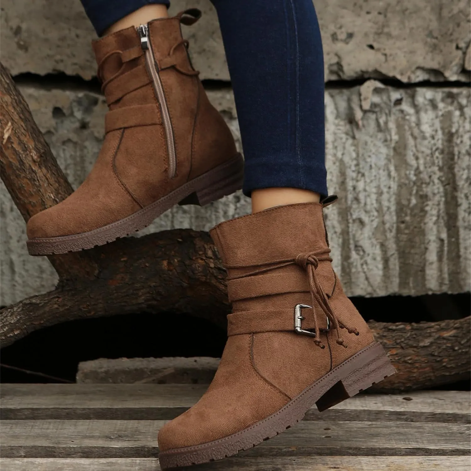 Cowgirl Boots Women Wide Calf Zipper Mid Calf Combat Riding Fashion Winter boots Low Heel Motorcycle Biker Ankle booties