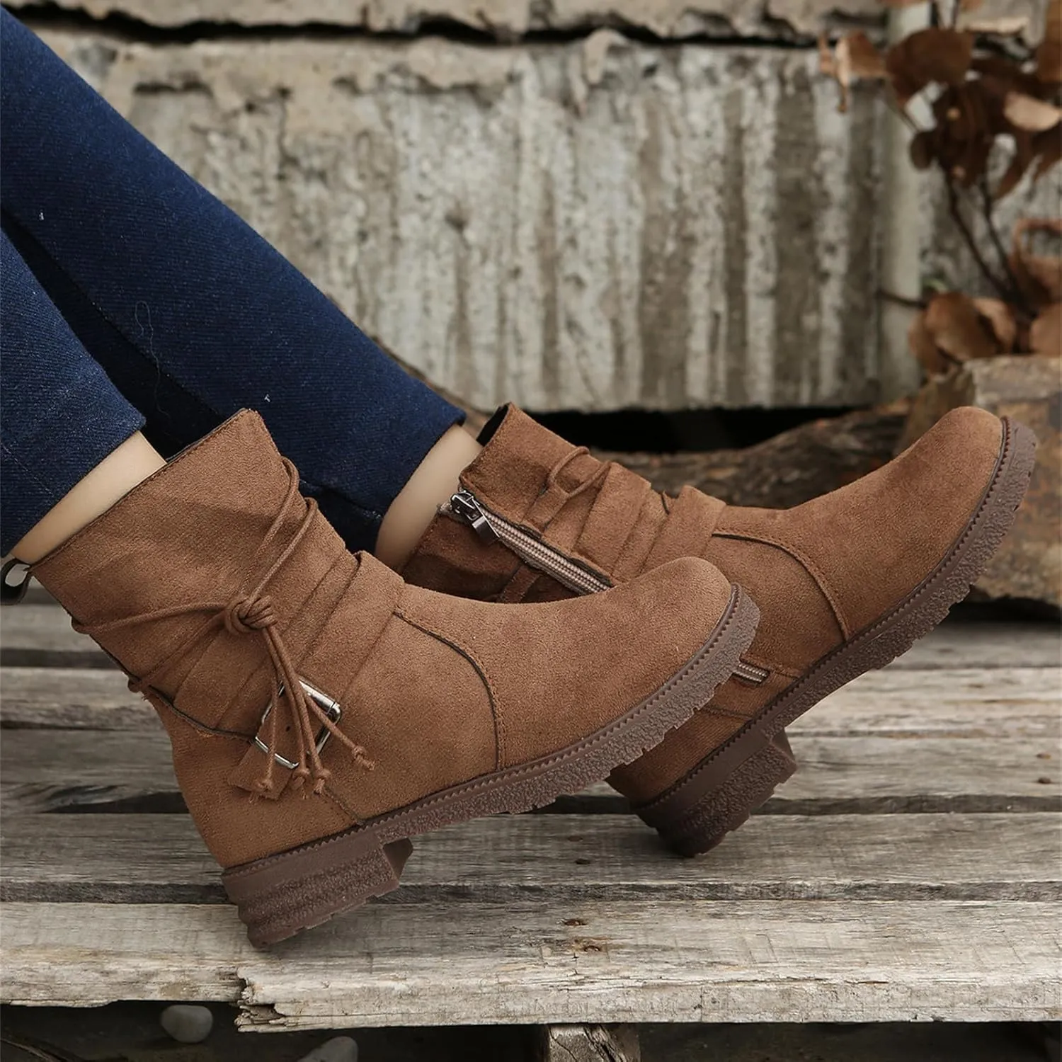 Cowgirl Boots Women Wide Calf Zipper Mid Calf Combat Riding Fashion Winter boots Low Heel Motorcycle Biker Ankle booties