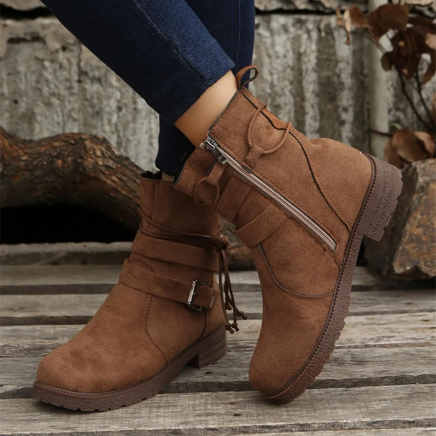 Cowgirl Boots Women Wide Calf Zipper Mid Calf Combat Riding Fashion Winter boots Low Heel Motorcycle Biker Ankle booties