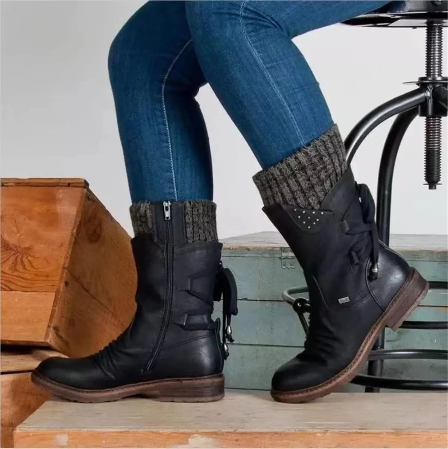 Cowgirl Boots Women Wide Calf Zipper Mid Calf Riding Winter boots Low Heel Motorcycle Combat Military Biker Ankle booties
