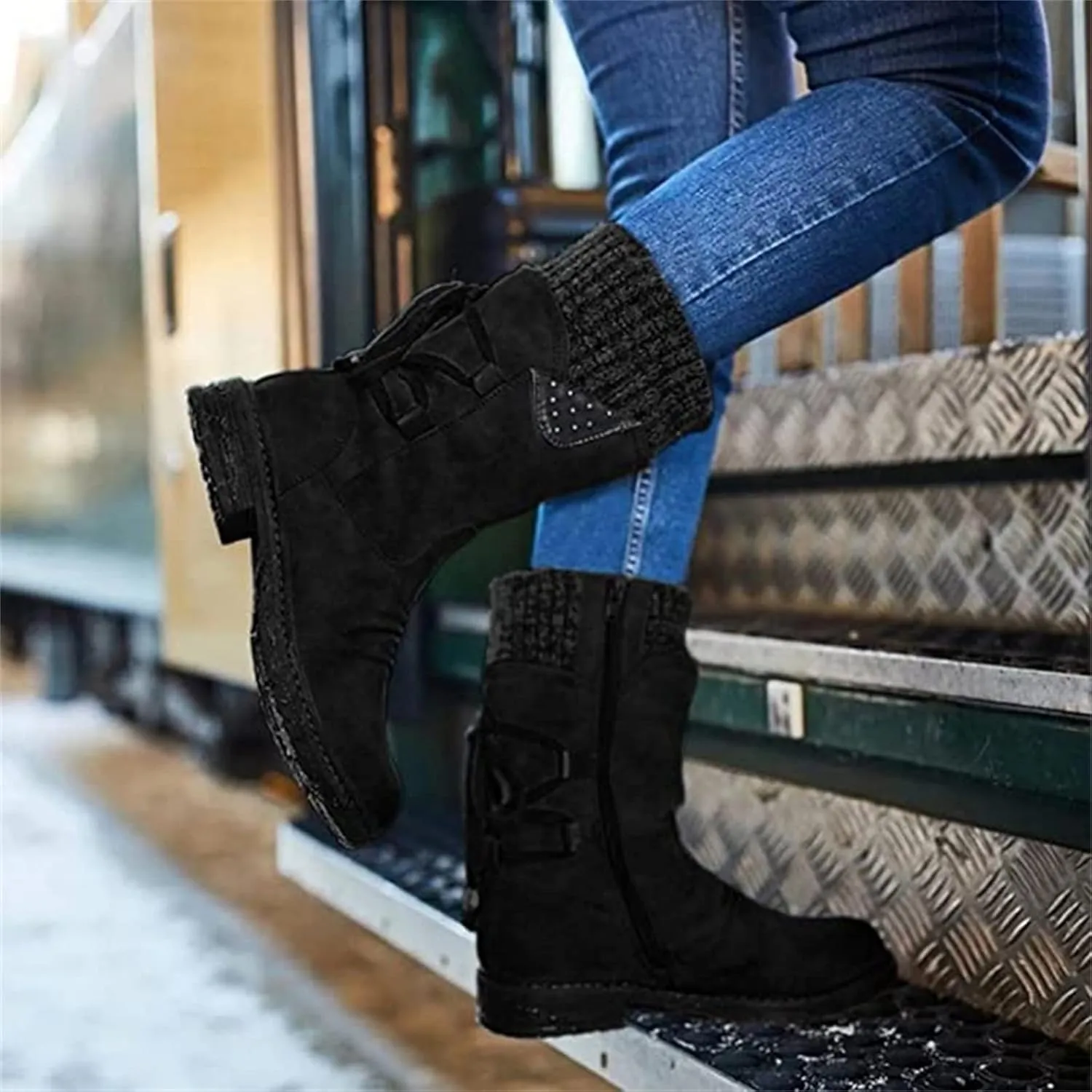 Cowgirl Boots Women Wide Calf Zipper Mid Calf Riding Winter boots Low Heel Motorcycle Combat Military Biker Ankle booties