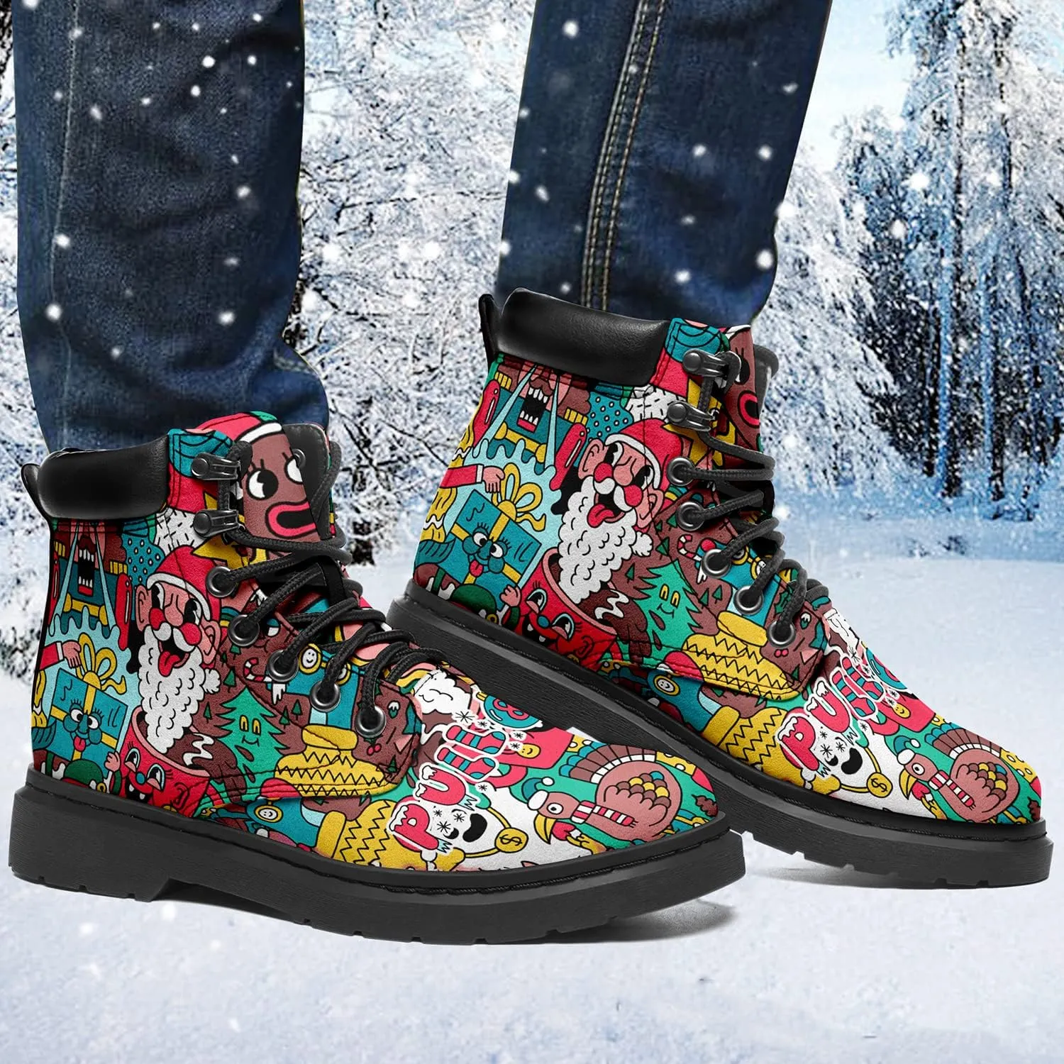Custom Christmas Shoes, Christmas Santa Claus Boots Vegan Leather Lace up Boots Personalized Christmas Gift for Family, Friends