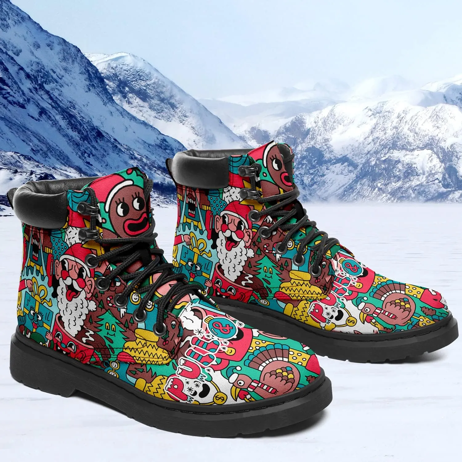 Custom Christmas Shoes, Christmas Santa Claus Boots Vegan Leather Lace up Boots Personalized Christmas Gift for Family, Friends
