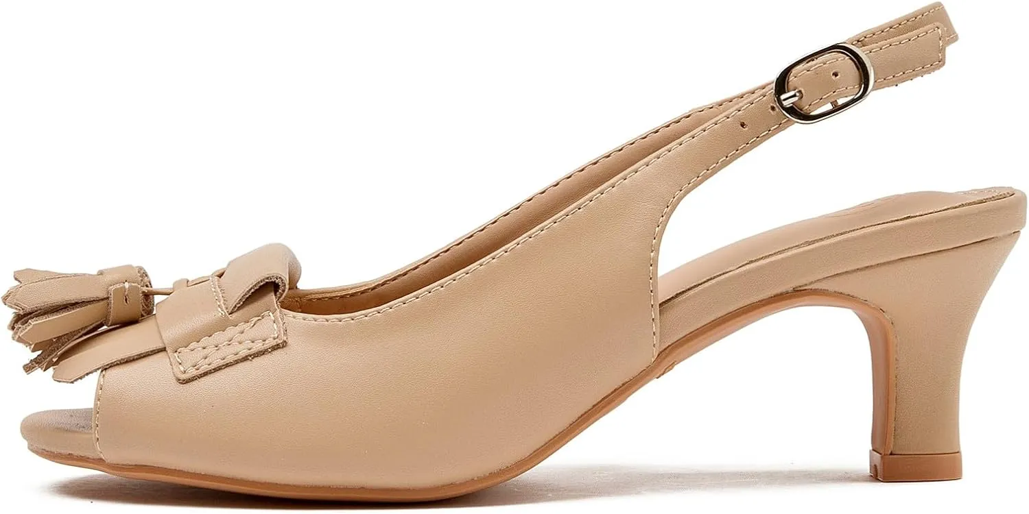 DADAWEN Women's Slingback Kitten Heels Tassels Peep Toe Pumps Wedding Party Dress Shoes