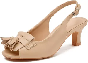 DADAWEN Women's Slingback Kitten Heels Tassels Peep Toe Pumps Wedding Party Dress Shoes