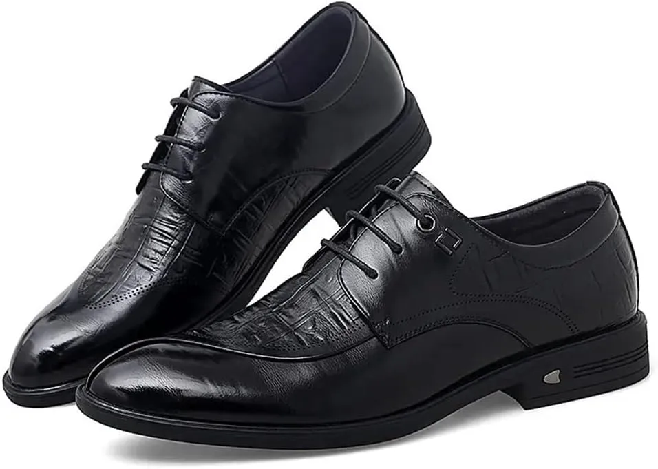 Dress Formal Shoes for Men Lace Up Crocodile Print Split Toe Vegan Leather Resistant Non Slip Rubber Sole Block Heel Anti-Slip Classic