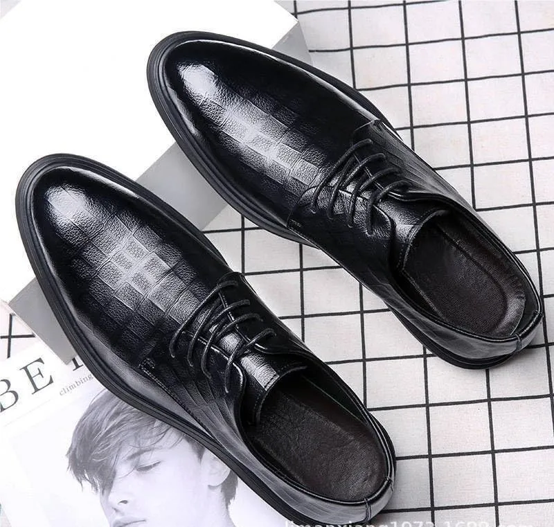 Dress Formal Shoes for Men Lace Up Pointed Toe Vegan Leather Plaid Derby Shoes Anti-Slip Slip Resistant Block Heel Non Slip Rubber Sole Business