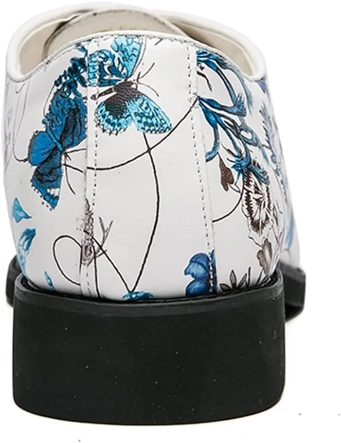 Dress Formal Shoes for Men Lace Up Round Toe Blue Flower Vegan Leather Low Top Block Heel Non Slip Wedding