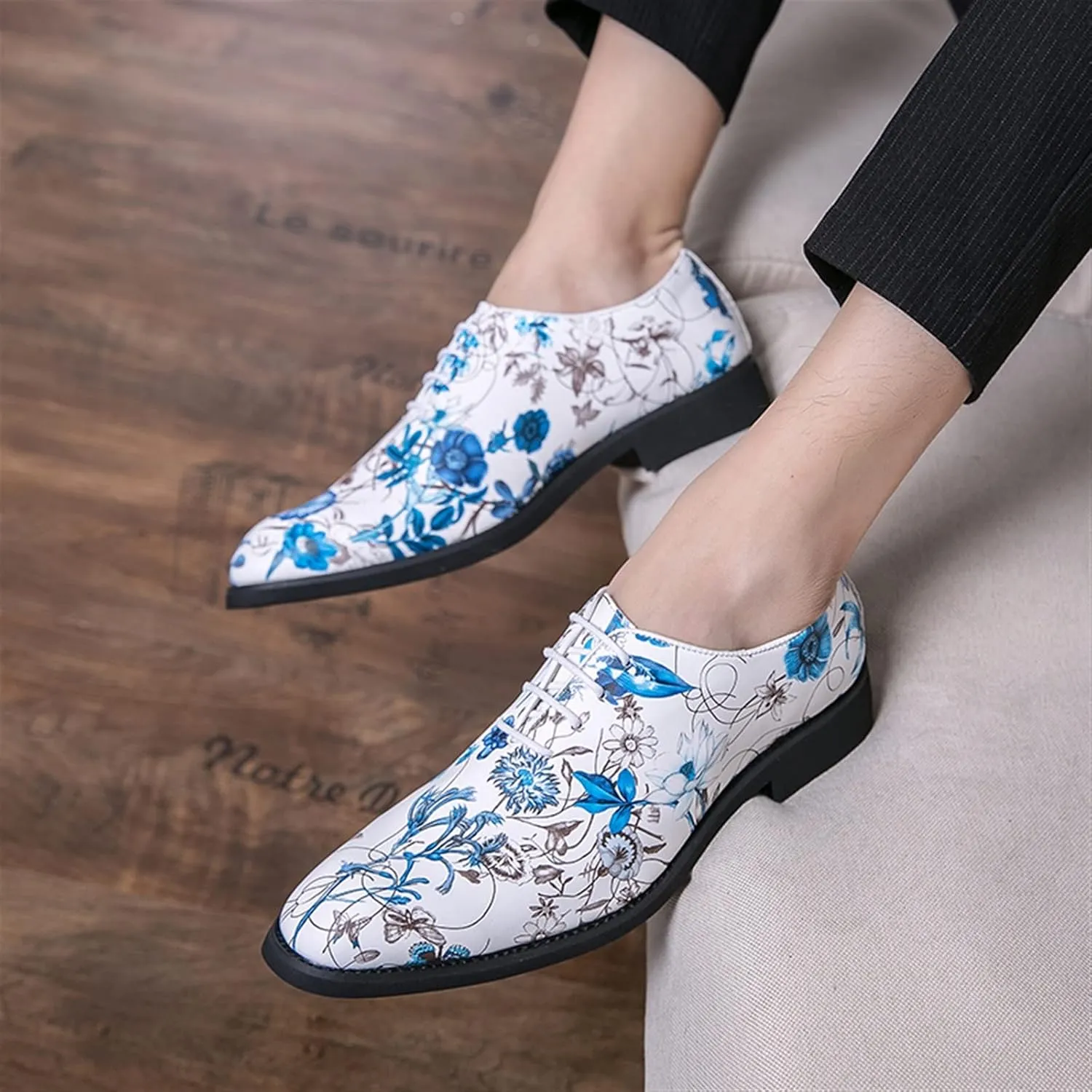 Dress Formal Shoes for Men Lace Up Round Toe Blue Flower Vegan Leather Low Top Block Heel Non Slip Wedding