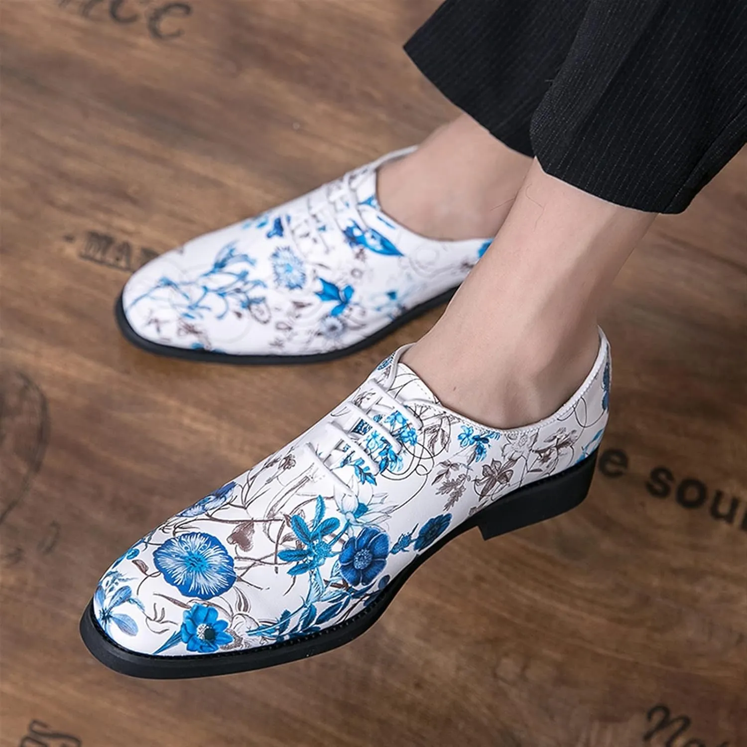 Dress Formal Shoes for Men Lace Up Round Toe Blue Flower Vegan Leather Low Top Block Heel Non Slip Wedding