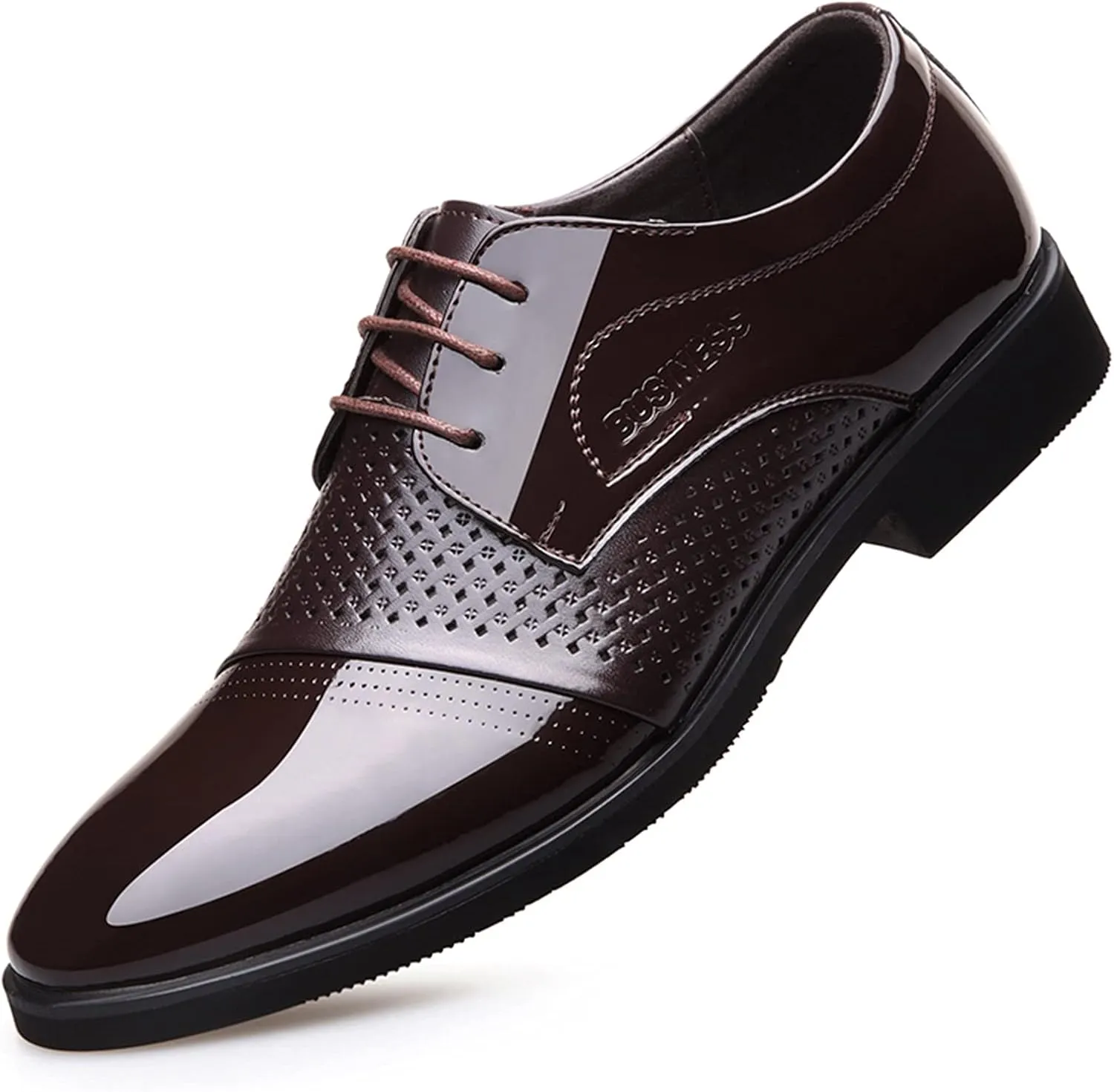 Dress Oxford for Men Lace Up Derby Shoes Round Toe Shiny Vegan Leather Anti-Slip Rubber Sole Slip Resistant Party