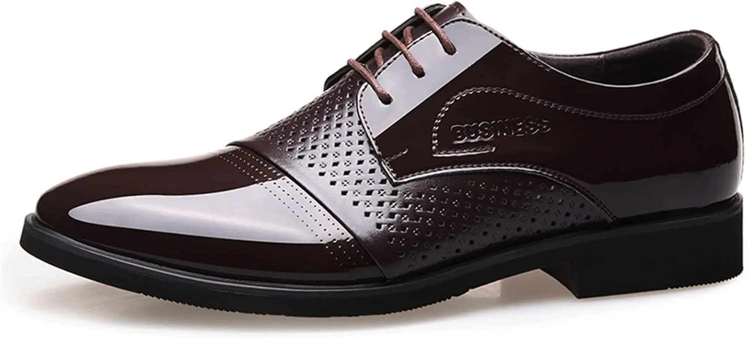 Dress Oxford for Men Lace Up Derby Shoes Round Toe Shiny Vegan Leather Anti-Slip Rubber Sole Slip Resistant Party