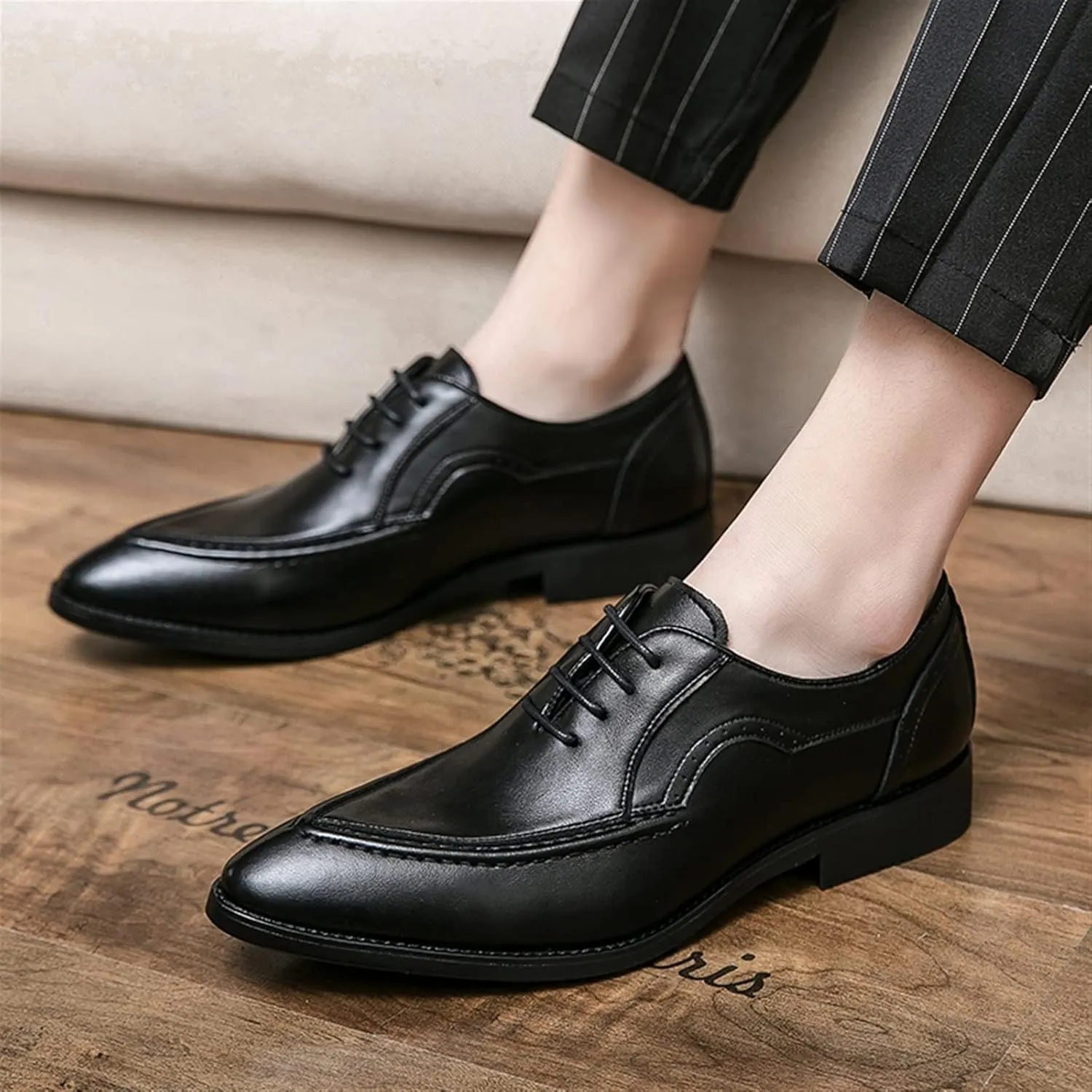 Dress Oxford for Men Lace Up Pointed Burnished Toe Vegan Leather Rubber Sole Resistant Non Slip Classic