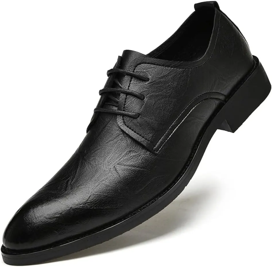 Dress Oxford for Men Lace Up Pointed Toe Derby Shoes Vegan Leather Block Heel Non Slip Low Top Rubber Sole Anti-Slip Classic