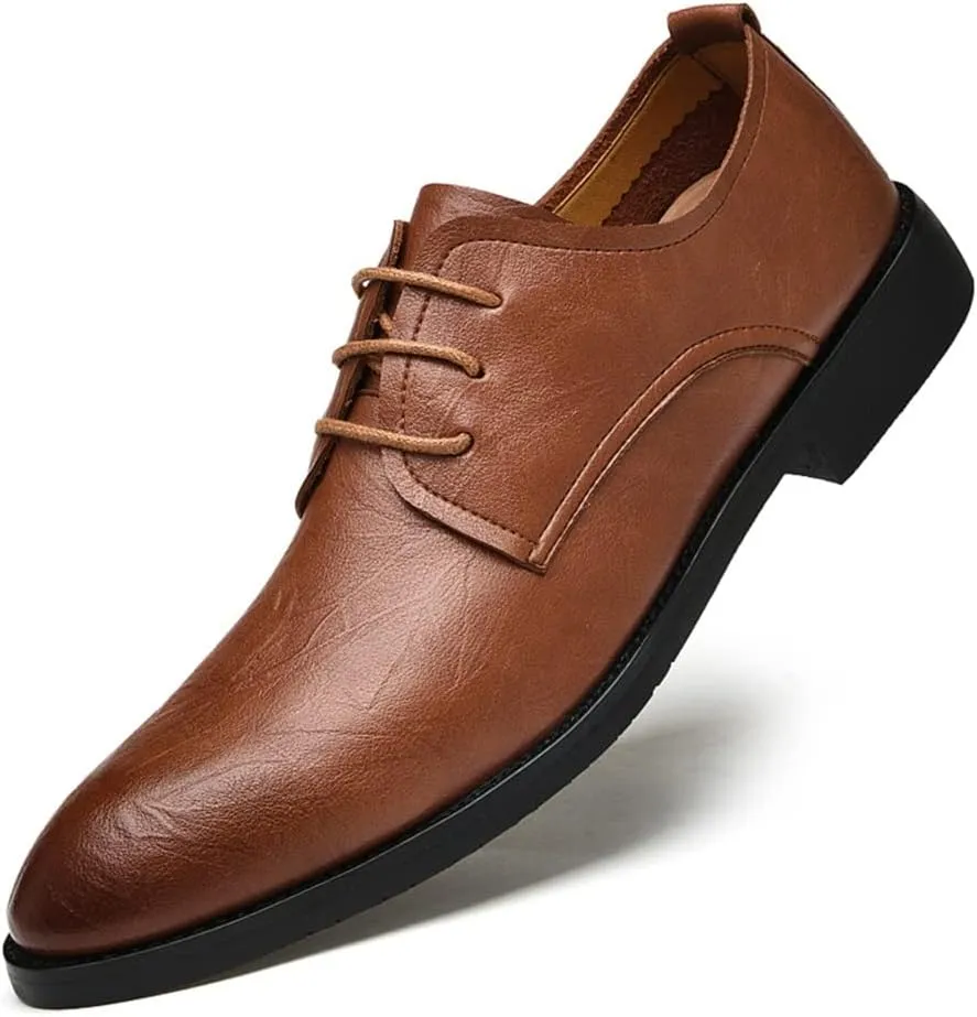 Dress Oxford for Men Lace Up Pointed Toe Derby Shoes Vegan Leather Block Heel Non Slip Low Top Rubber Sole Anti-Slip Classic