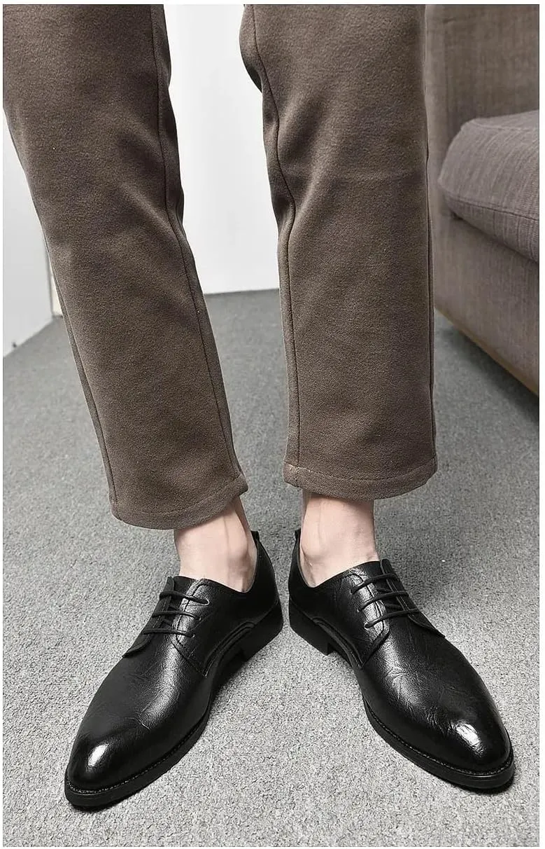 Dress Oxford for Men Lace Up Pointed Toe Derby Shoes Vegan Leather Block Heel Non Slip Low Top Rubber Sole Anti-Slip Classic