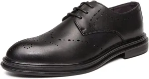 Dress Oxford for Men Lace Up Round Burnished Toe Derby Shoes Vegan Leather Rubber Sole Block Heel Slip Resistant Low Top Anti-Slip Classic