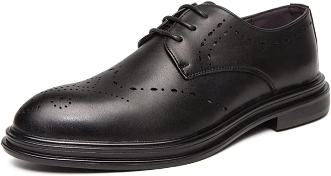 Dress Oxford for Men Lace Up Round Burnished Toe Derby Shoes Vegan Leather Rubber Sole Block Heel Slip Resistant Low Top Anti-Slip Classic