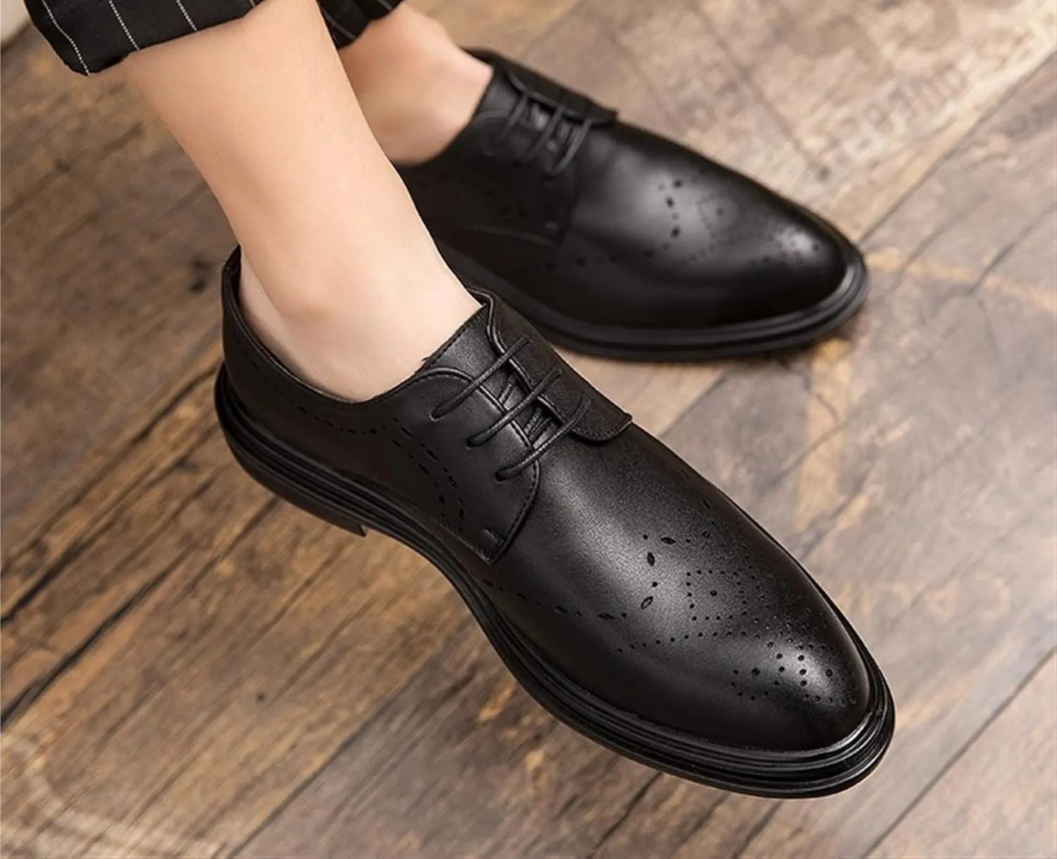 Dress Oxford for Men Lace Up Round Burnished Toe Derby Shoes Vegan Leather Rubber Sole Block Heel Slip Resistant Low Top Anti-Slip Classic