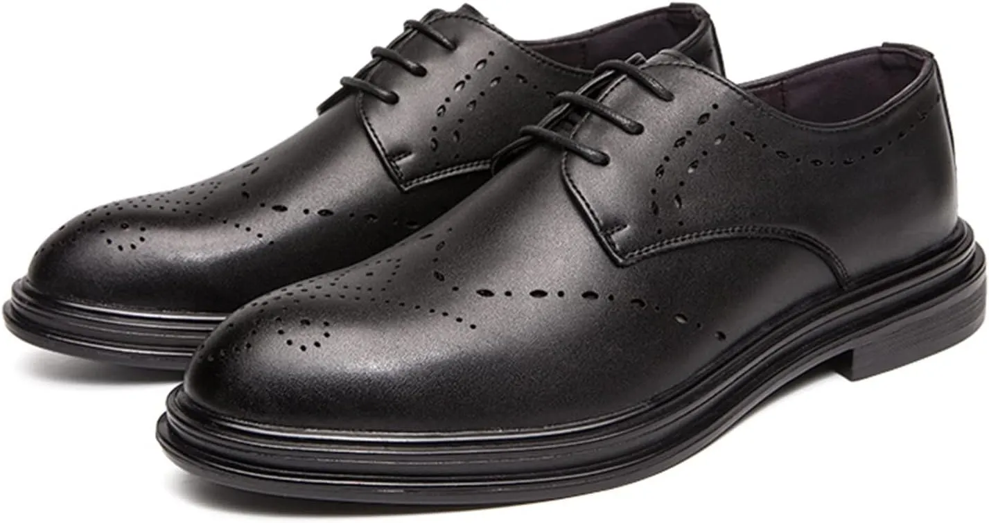 Dress Oxford for Men Lace Up Round Burnished Toe Derby Shoes Vegan Leather Rubber Sole Block Heel Slip Resistant Low Top Anti-Slip Classic