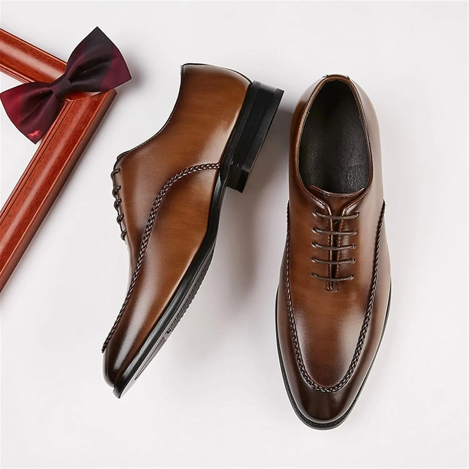 Dress Oxford Formal Shoes for Men Lace Up Apron Toe Burnished Toe Shoes Vegan Leather Anti-Slip Rubber Sole Slip Resistant Low Top Party