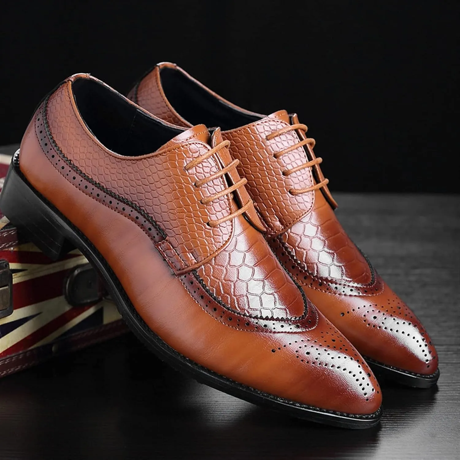 Dress Oxford Formal Shoes for Men Lace Up Brogue Embossed Black Burnished Toe Vegan Leather Rubber Sole Block Heel Anti-Slip Low Top Slip Resistant