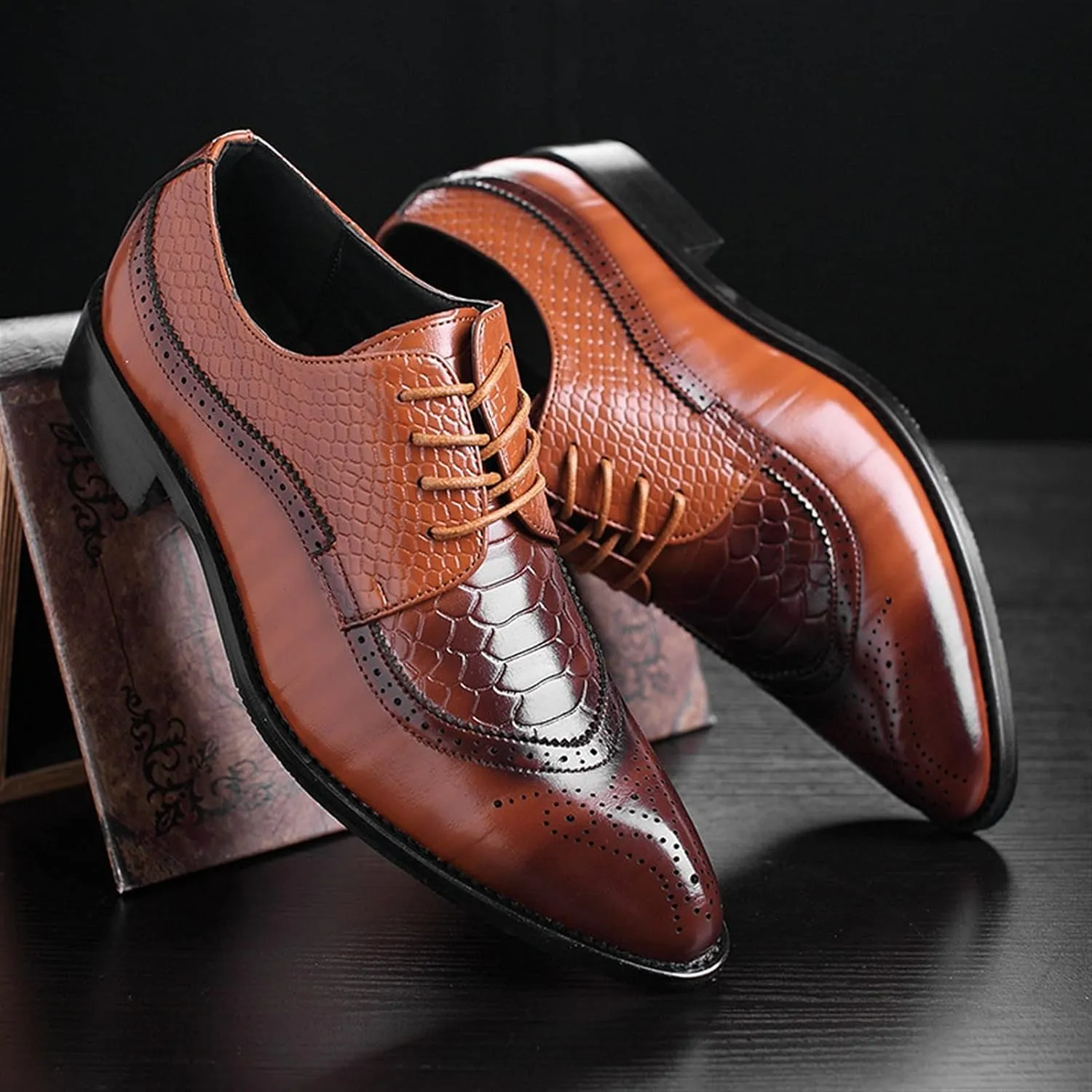 Dress Oxford Formal Shoes for Men Lace Up Brogue Embossed Black Burnished Toe Vegan Leather Rubber Sole Block Heel Anti-Slip Low Top Slip Resistant
