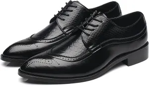 Dress Oxford Formal Shoes for Men Lace Up Brogue Embossed Black Burnished Toe Vegan Leather Rubber Sole Block Heel Anti-Slip Low Top Slip Resistant