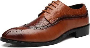 Dress Oxford Formal Shoes for Men Lace Up Brogue Embossed Black Burnished Toe Vegan Leather Rubber Sole Block Heel Anti-Slip Low Top Slip Resistant