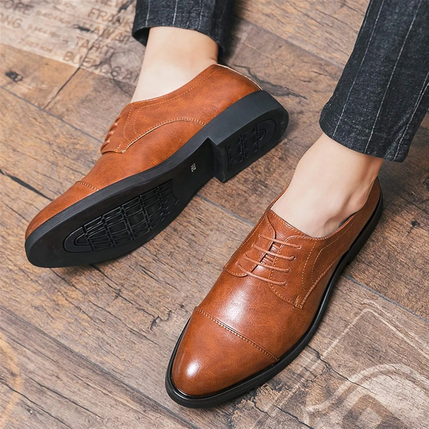 Dress Oxford Formal Shoes for Men Lace Up Derby Shoes Round Cap Toe Vegan Leather Resistant Non Slip Anti-Slip Block Heel Party