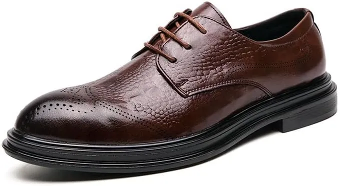 Dress Oxford Formal Shoes for Men Lace Up Round Burnished Toe Derby Shoes Vegan Leather Non Slip Rubber Sole Slip Resistant Anti-Slip Low Top Party