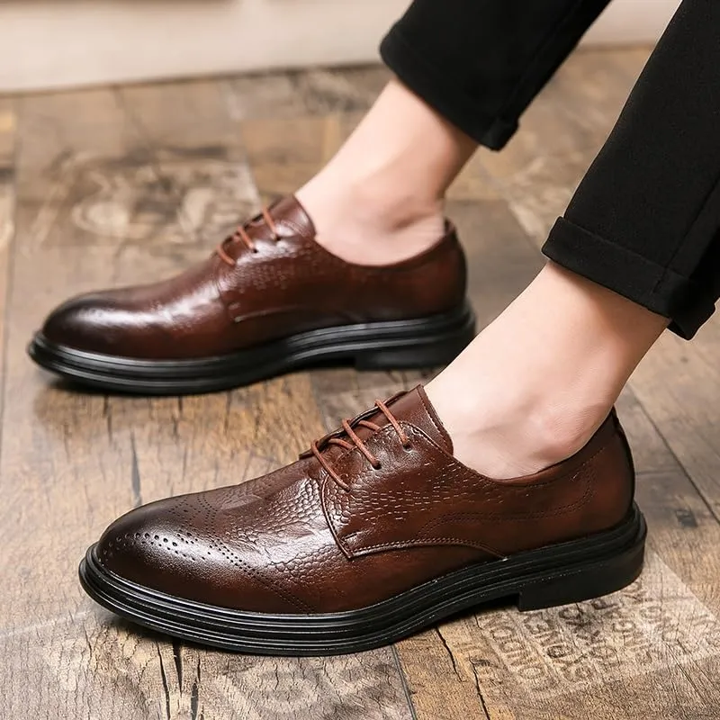 Dress Oxford Formal Shoes for Men Lace Up Round Burnished Toe Derby Shoes Vegan Leather Non Slip Rubber Sole Slip Resistant Anti-Slip Low Top Party