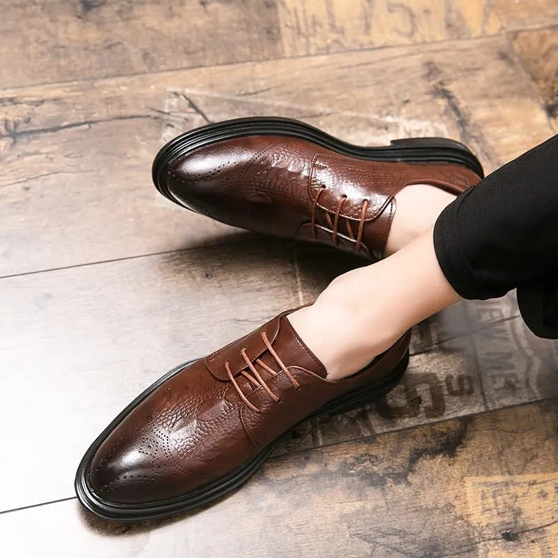 Dress Oxford Formal Shoes for Men Lace Up Round Burnished Toe Derby Shoes Vegan Leather Non Slip Rubber Sole Slip Resistant Anti-Slip Low Top Party