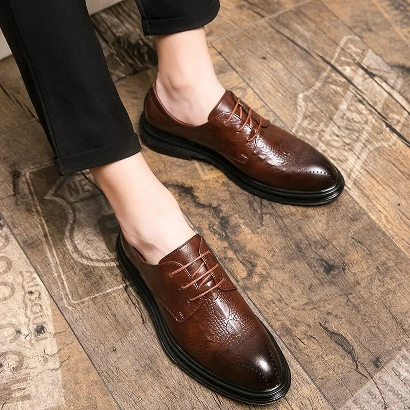 Dress Oxford Formal Shoes for Men Lace Up Round Burnished Toe Derby Shoes Vegan Leather Non Slip Rubber Sole Slip Resistant Anti-Slip Low Top Party