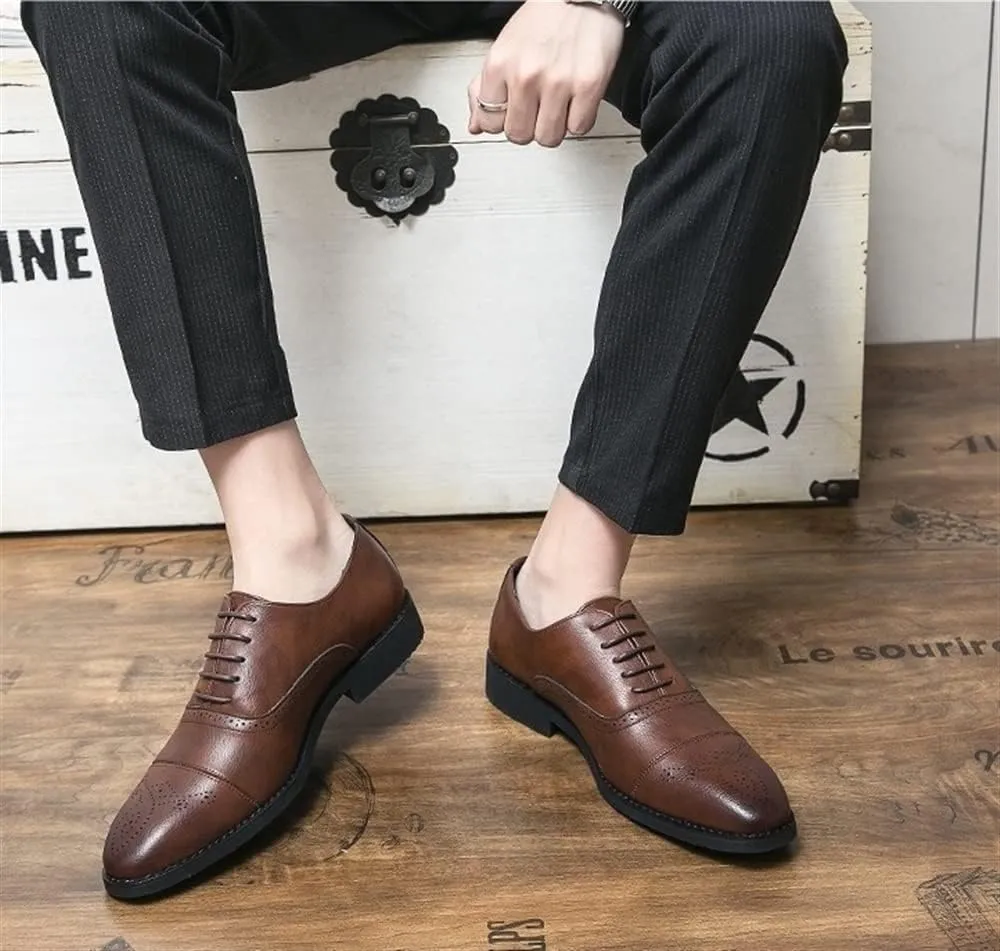 Dress Oxford Formal Shoes for Men Lace Up Round Cap Toe Burnished Toe Vegan Leather Non Slip Anti-Slip Block Heel Rubber Sole Business
