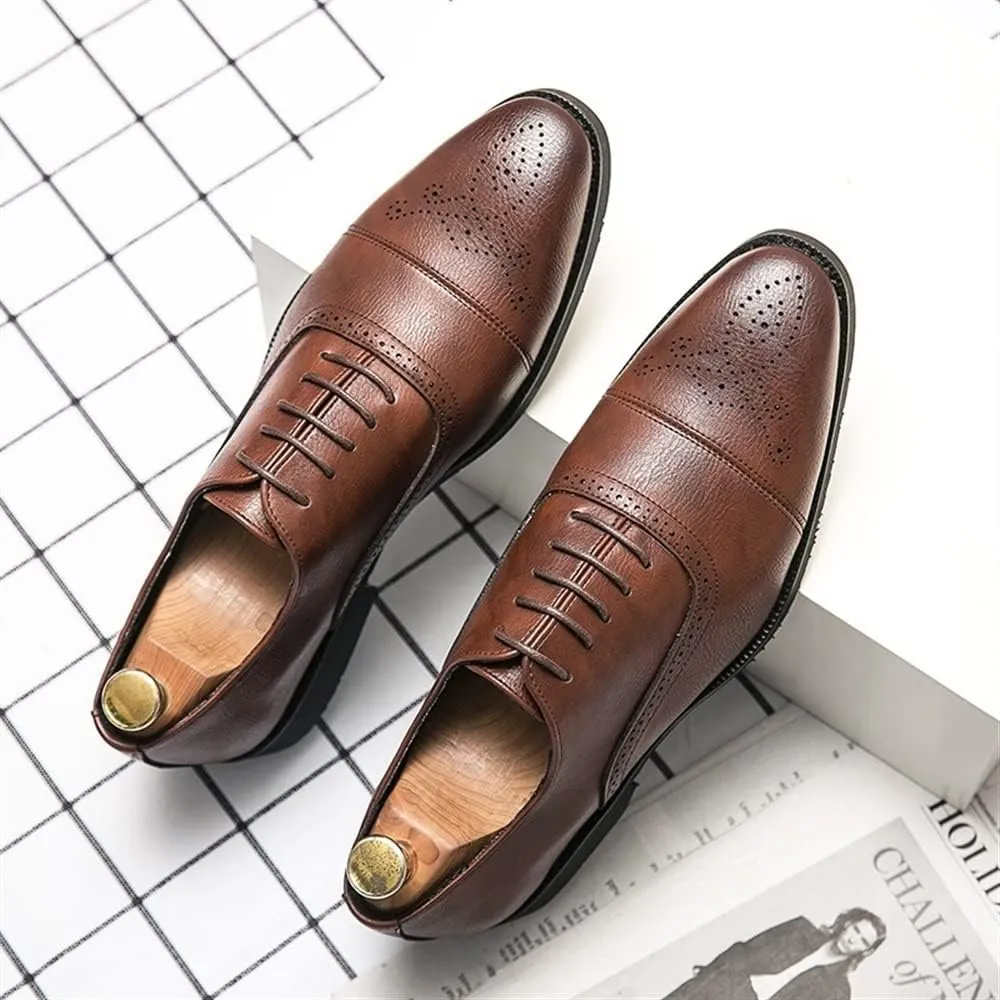 Dress Oxford Formal Shoes for Men Lace Up Round Cap Toe Burnished Toe Vegan Leather Non Slip Anti-Slip Block Heel Rubber Sole Business