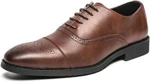 Dress Oxford Formal Shoes for Men Lace Up Round Cap Toe Burnished Toe Vegan Leather Non Slip Anti-Slip Block Heel Rubber Sole Business