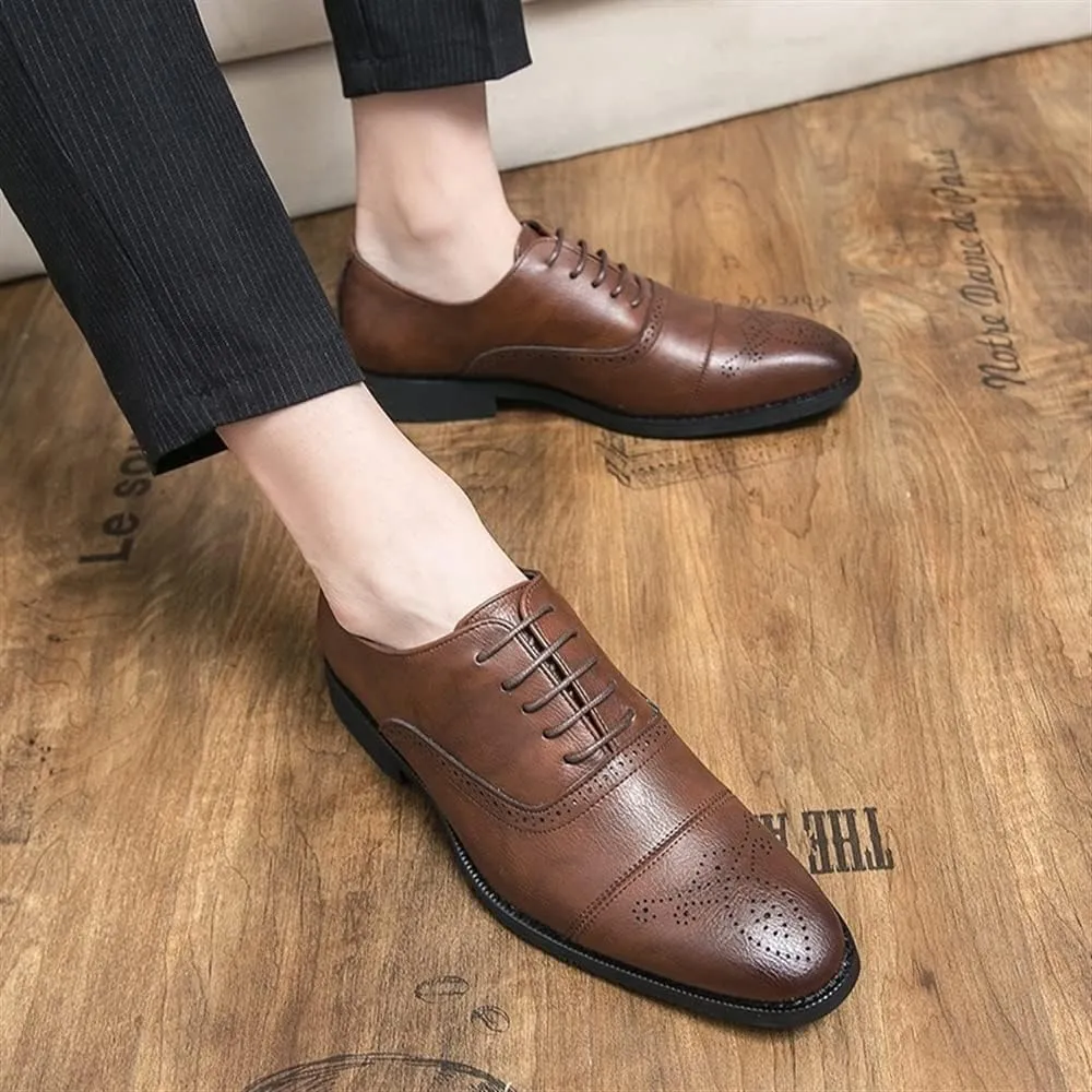 Dress Oxford Formal Shoes for Men Lace Up Round Cap Toe Burnished Toe Vegan Leather Non Slip Anti-Slip Block Heel Rubber Sole Business